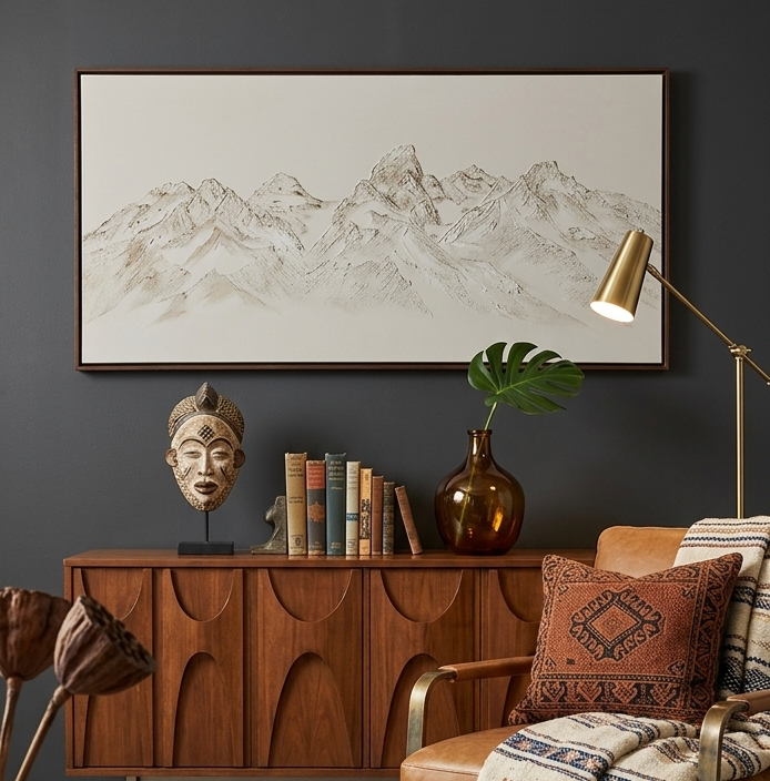 Living room with wooden sideboard, armchair, and decorative items against a dark wall.