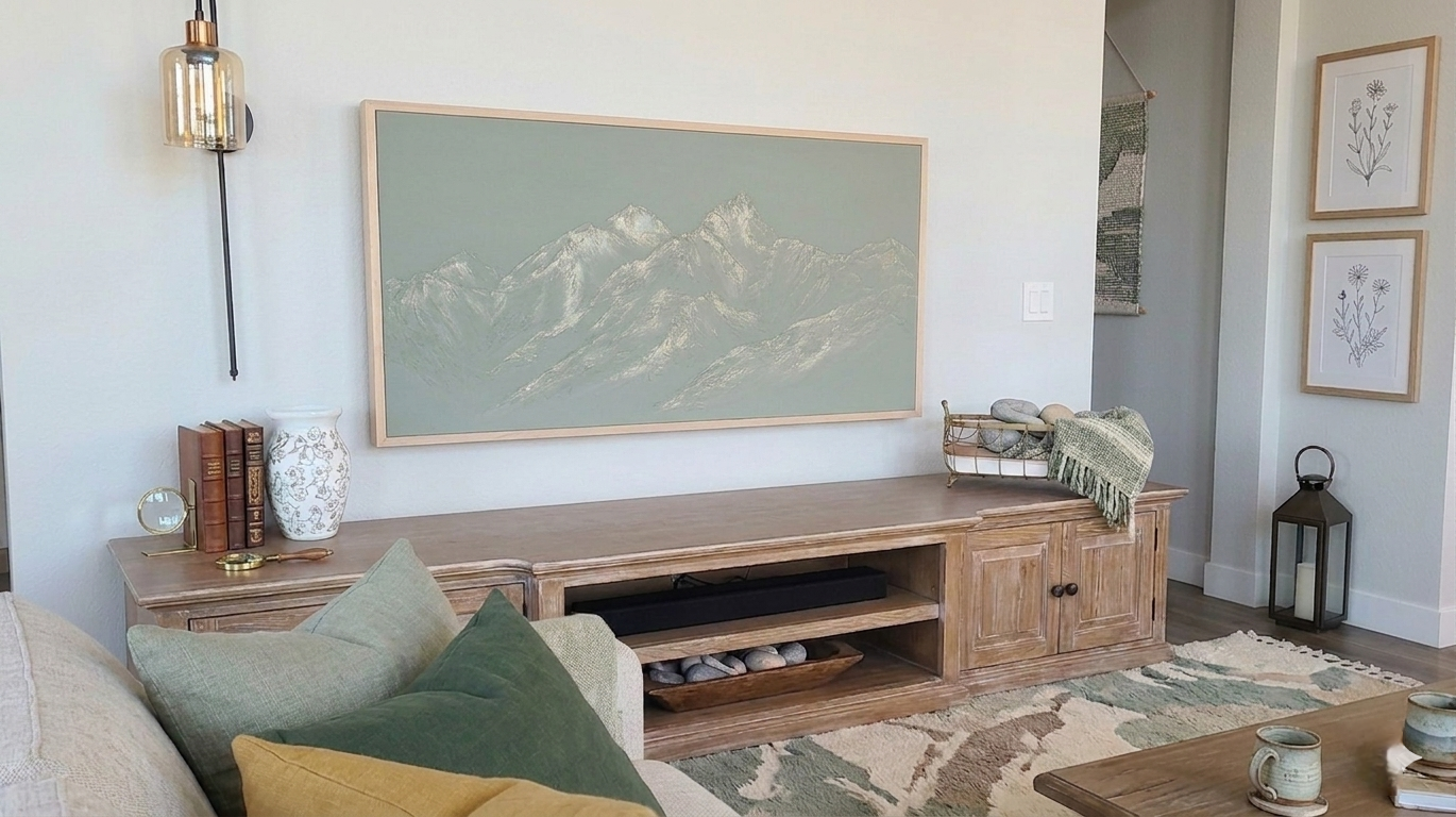 Living room with wooden TV stand, decorative pillows, and framed mountain artwork.