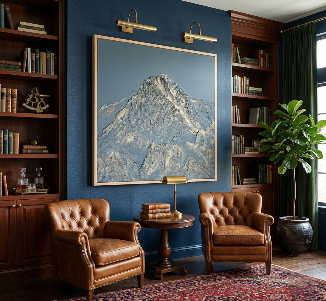 Living room with brown leather chairs, a wooden table, and a large mountain painting on a blue wall.