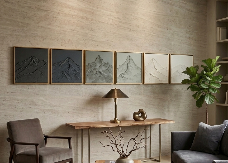Modern interior with framed mountain artworks on a textured wall, a wooden table, and decorative items.