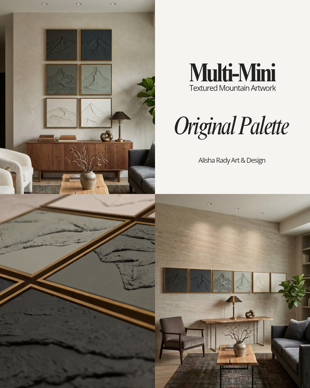 Living room with textured mountain artwork and 'Multi-Mini' branding.