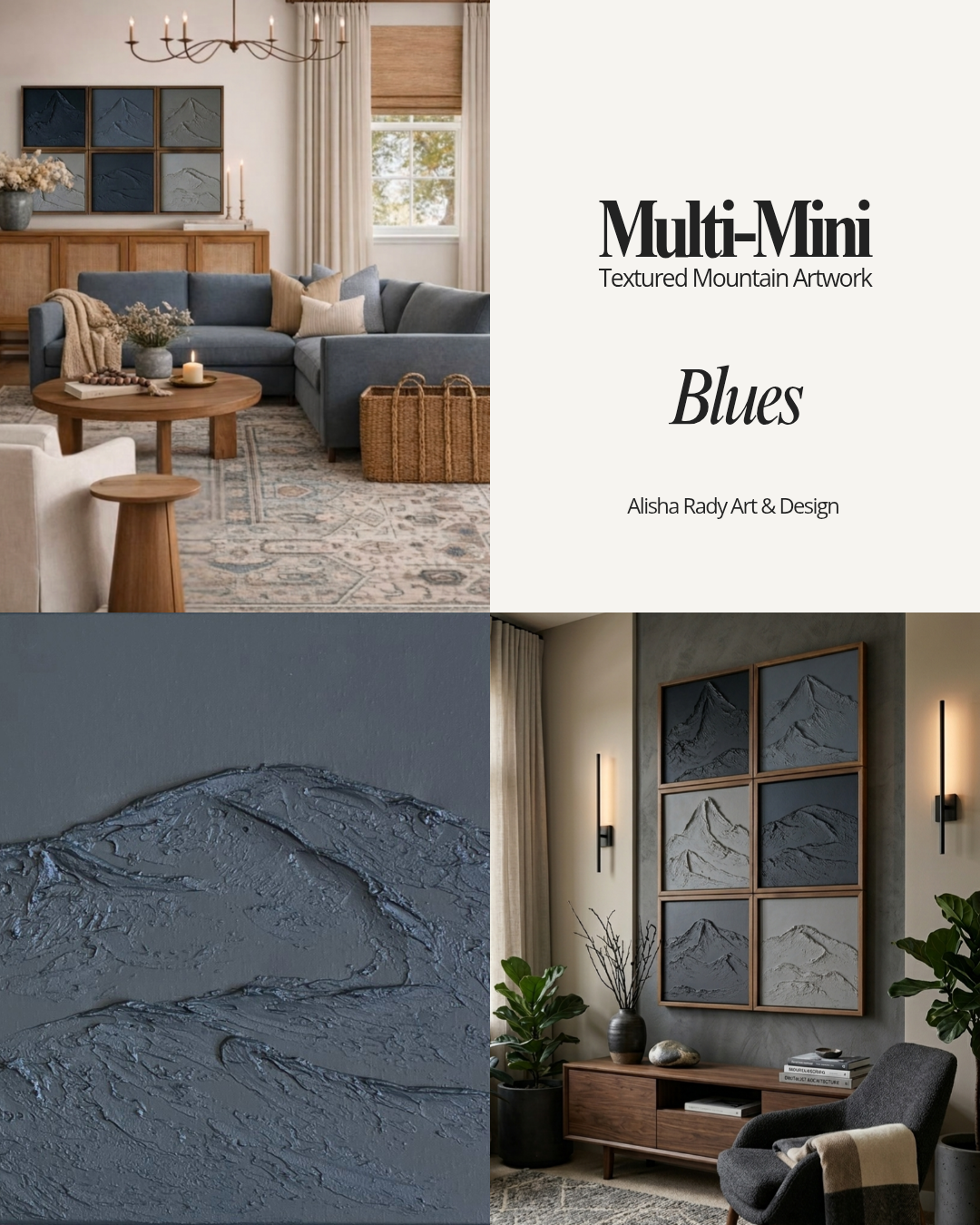 Living room with textured mountain artwork and 'Multi-Mini' branding.