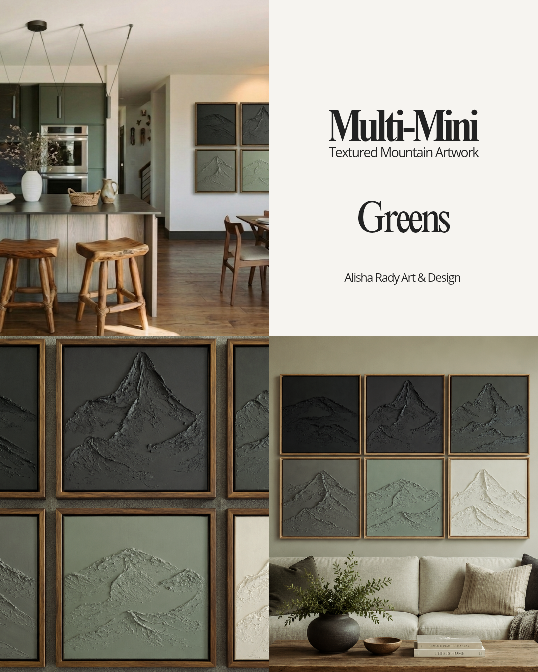Textured mountain artwork in various colors displayed in a home setting.