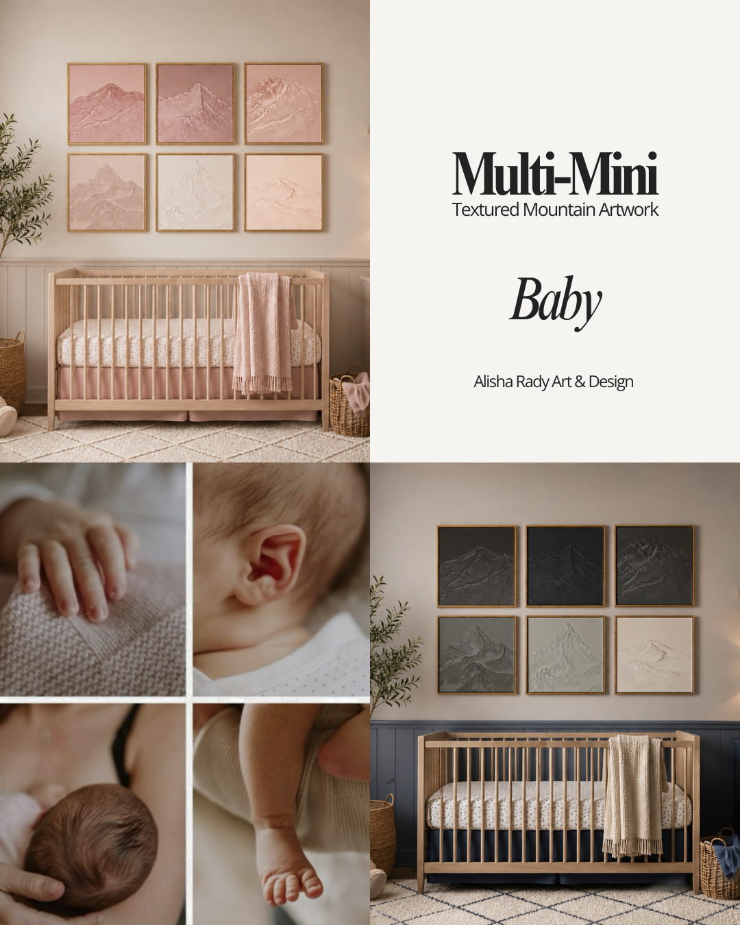 Collage of a nursery with a crib, framed artwork, and baby-related images, featuring the brand 'Multi-Mini'.